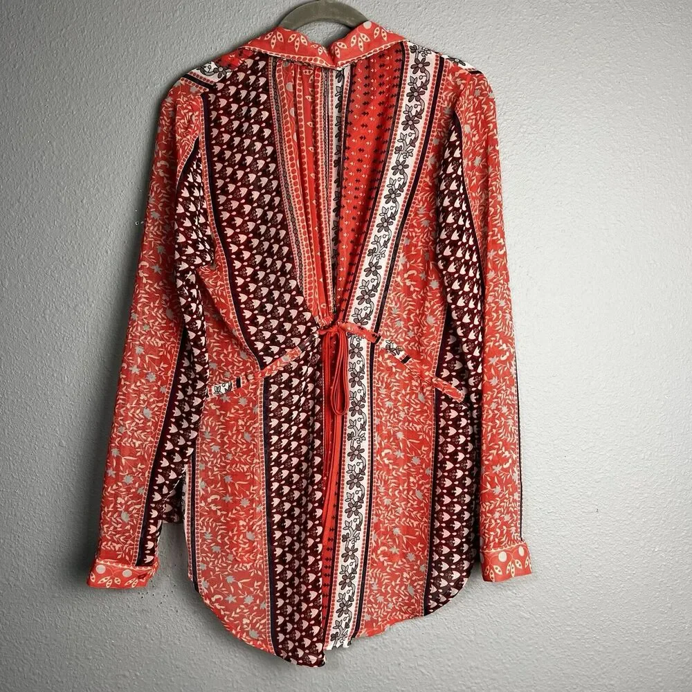 Free People Red Hobo Midnight‎ Mile Size S Button Hi Lo Hem Sheer Tunic Shirt